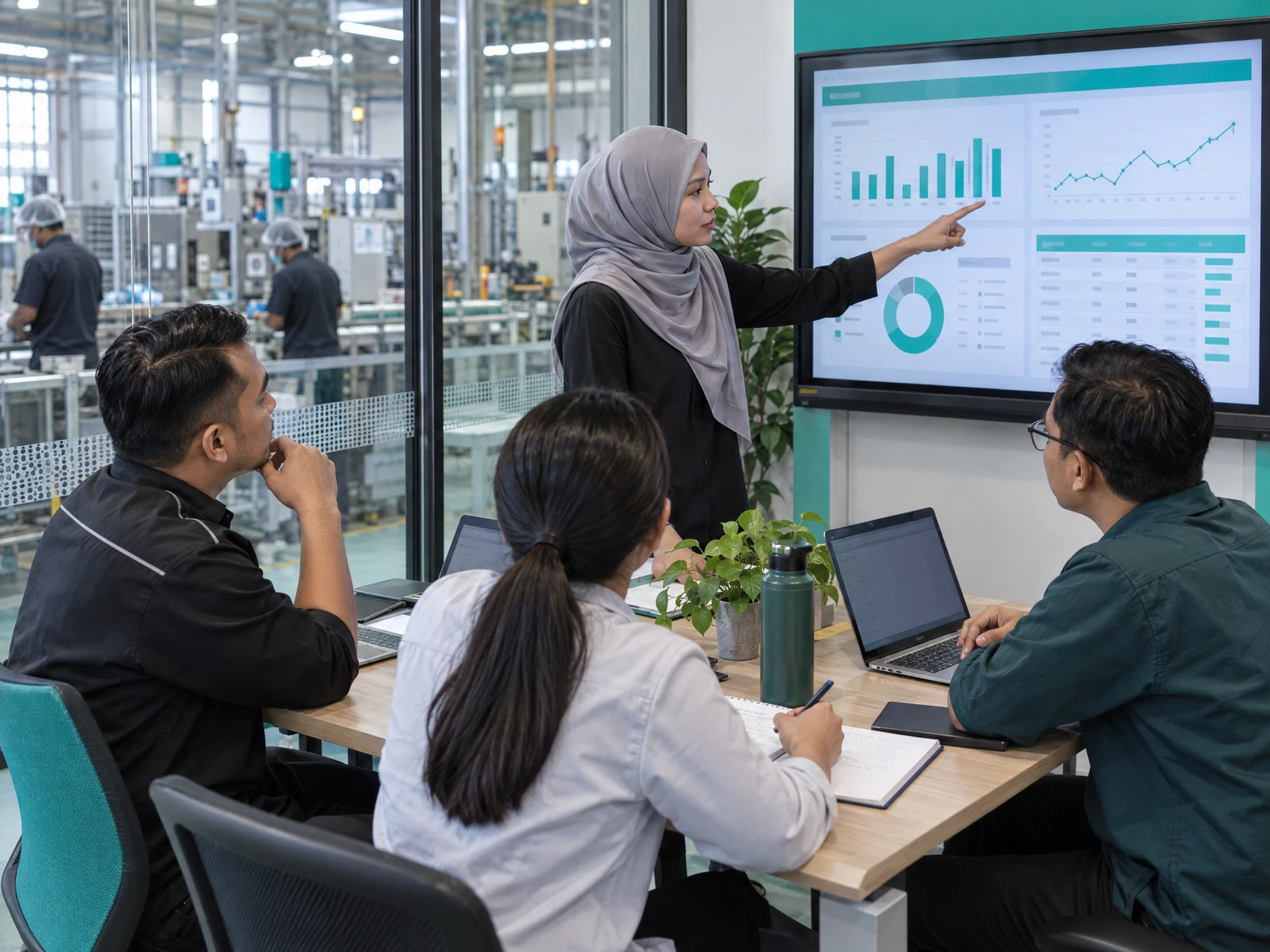 Fictional cross-functional factory team reviewing an abstract operations summary in a meeting nook beside the production floor.