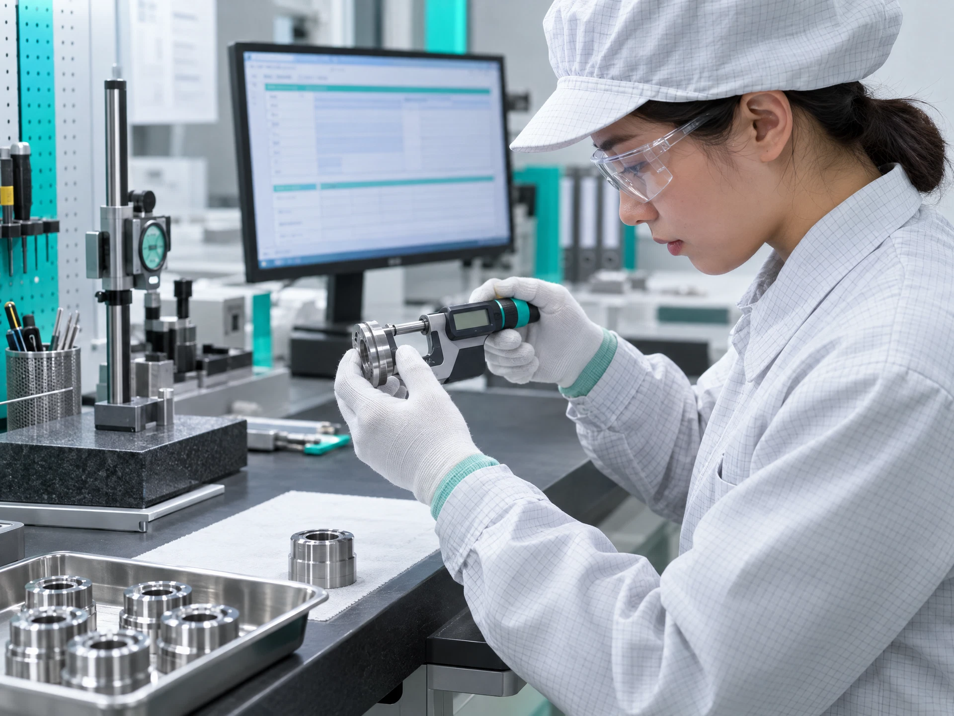 Fictional quality technician measuring a machined part with a digital micrometer at a clean inspection bench.