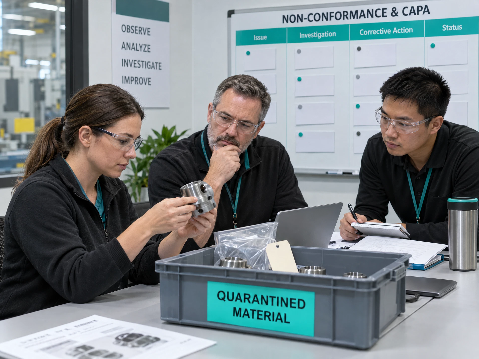 Fictional quality team reviewing a generic component and corrective-action board with blank cards.