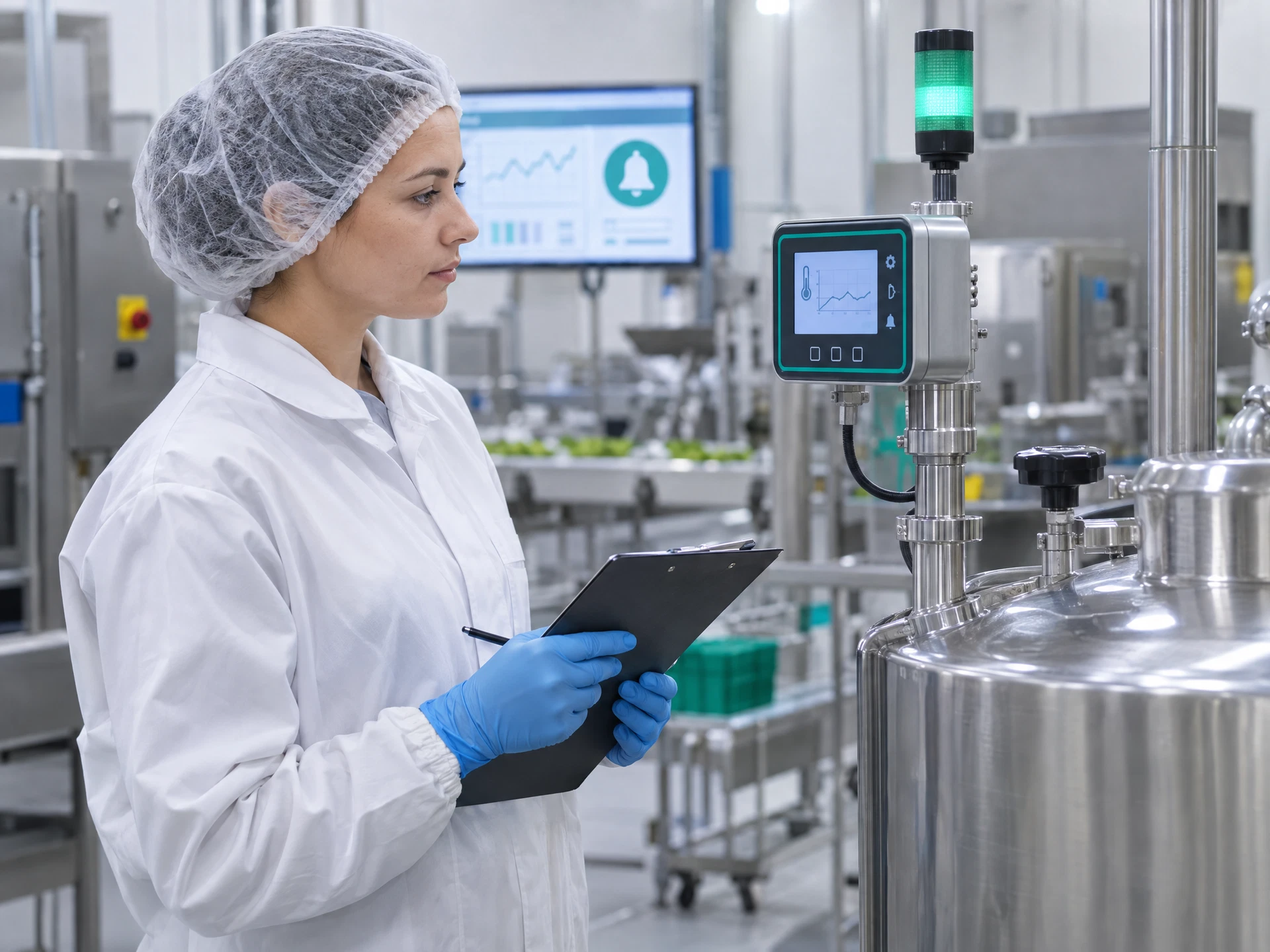 Fictional food-quality technician checking a monitoring instrument beside hygienic stainless-steel food-processing equipment.
