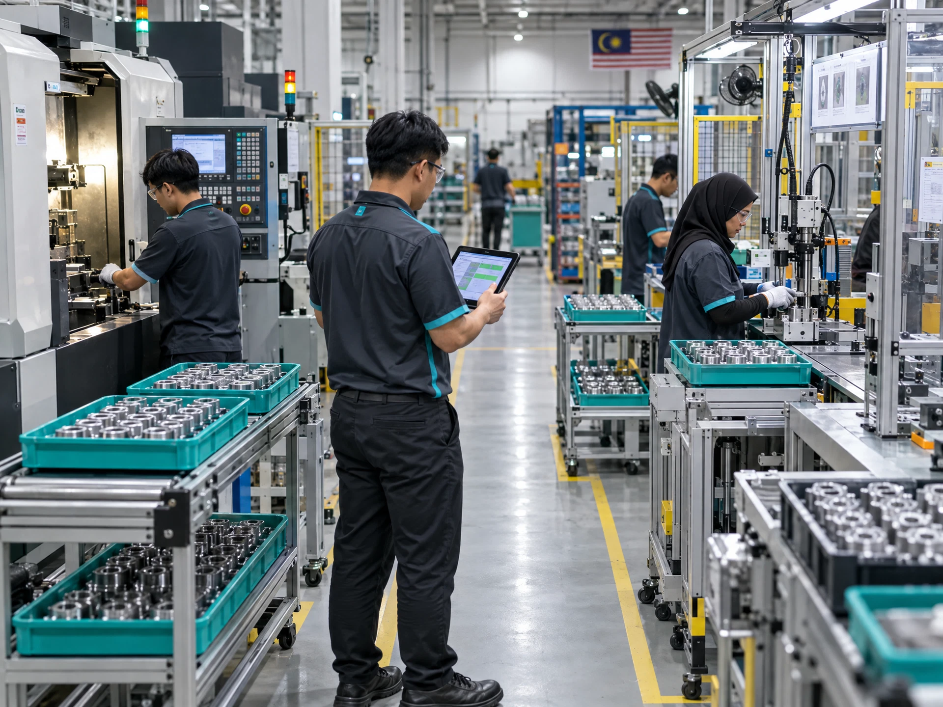 Semi-finished parts moving between two production stations while a fictional factory coordinator reviews abstract status blocks on a tablet.