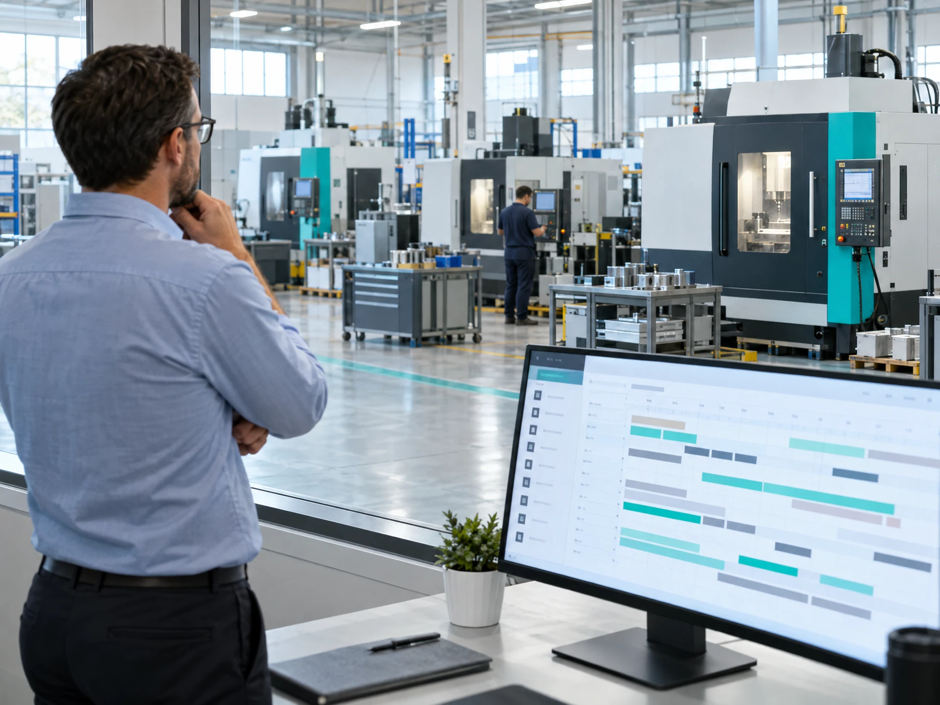 Fictional manufacturing planner reviewing abstract utilization timelines beside several CNC machines.