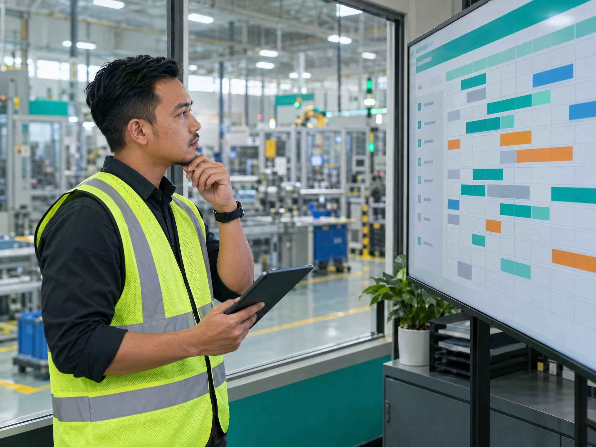 Fictional shift supervisor reviewing a non-legible schedule board in a safe factory office.