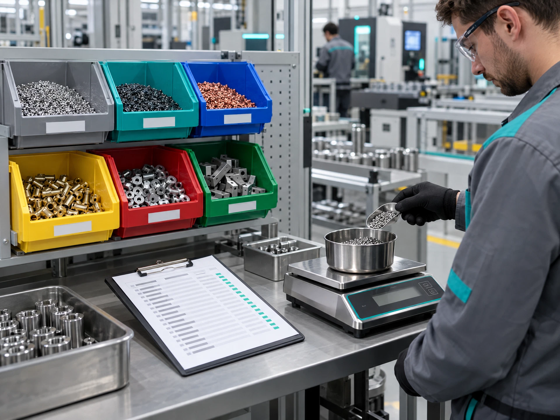 Factory engineer checking raw material samples on a precision scale beside organized bins.