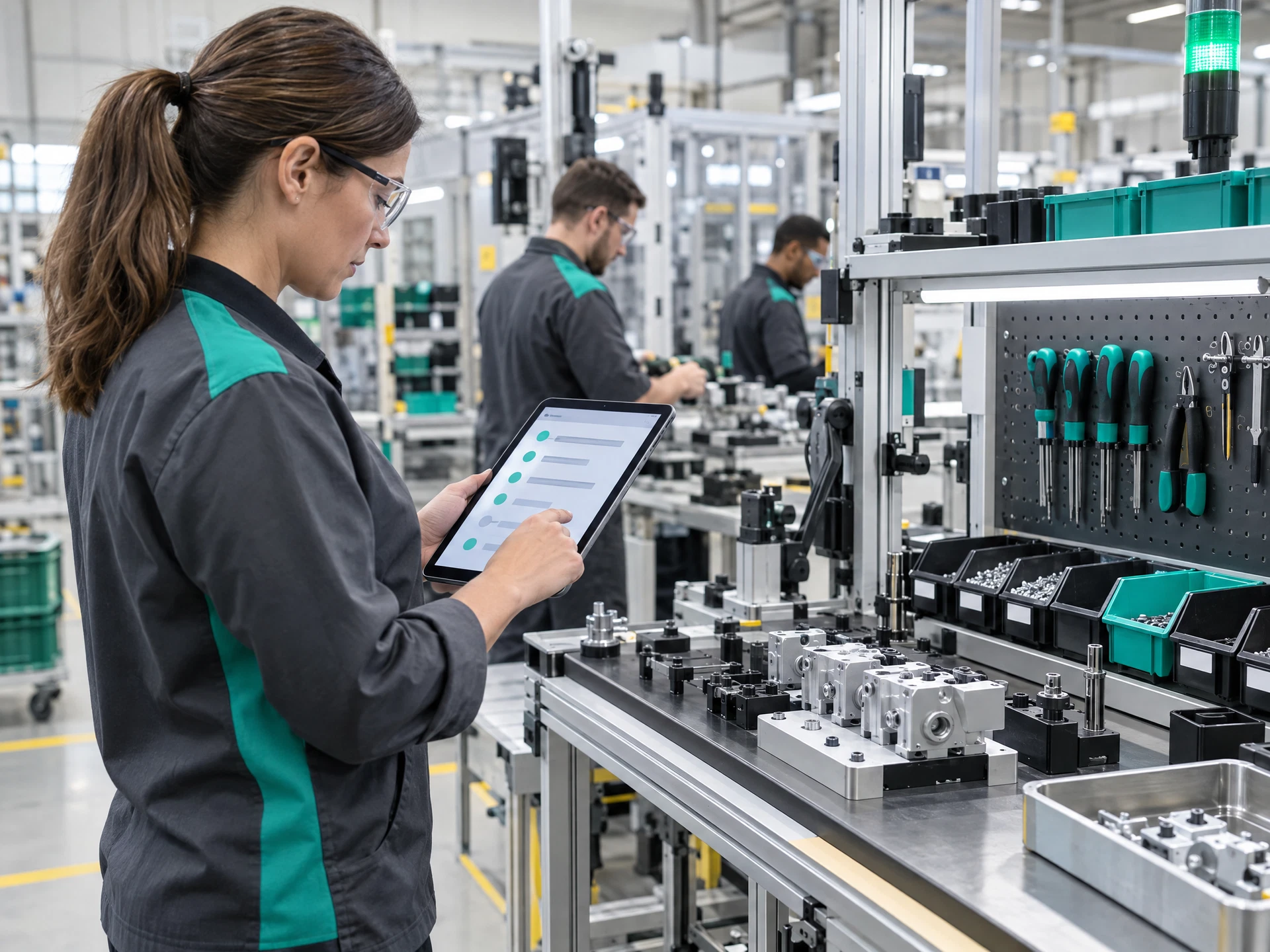 Fictional production lead reviewing a non-legible tablet task list beside an organized manufacturing work cell.