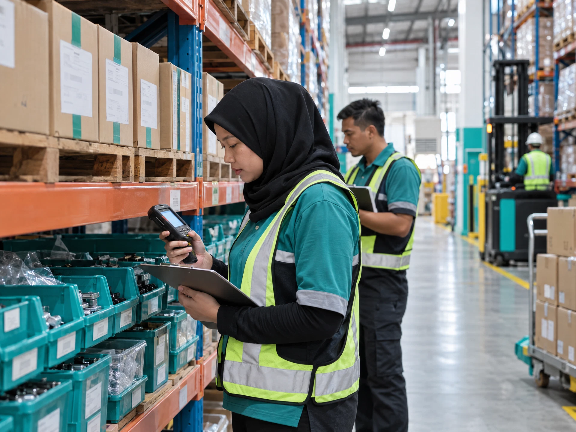 Fictional warehouse staff physically counting organized cartons and components beside a handheld scanner.