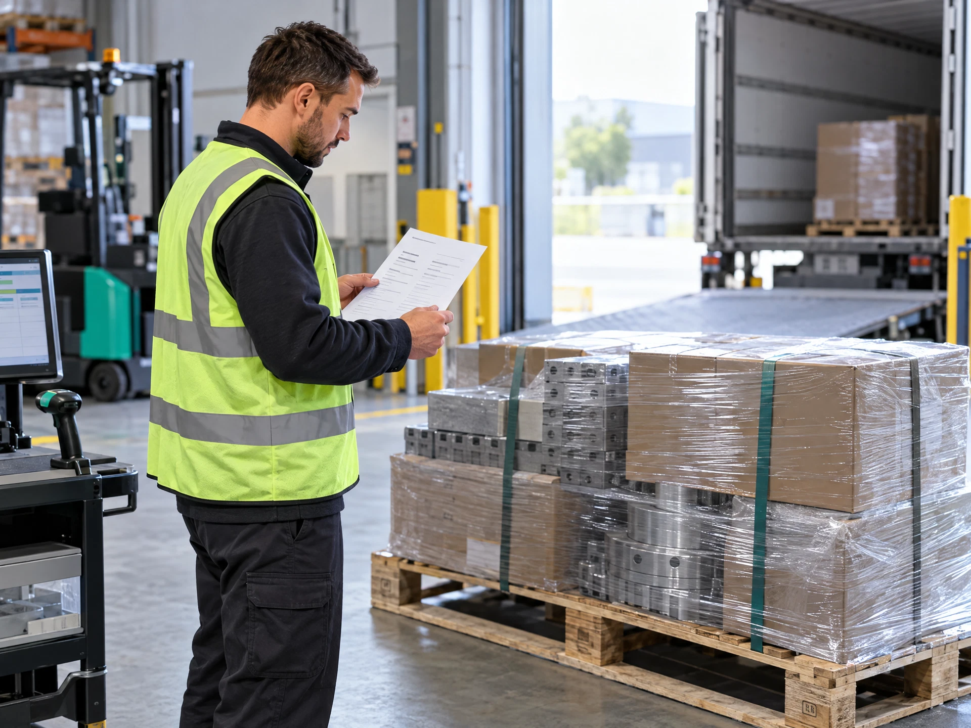 Fictional receiving operator comparing generic delivery paperwork with palletized goods at a clean loading dock.