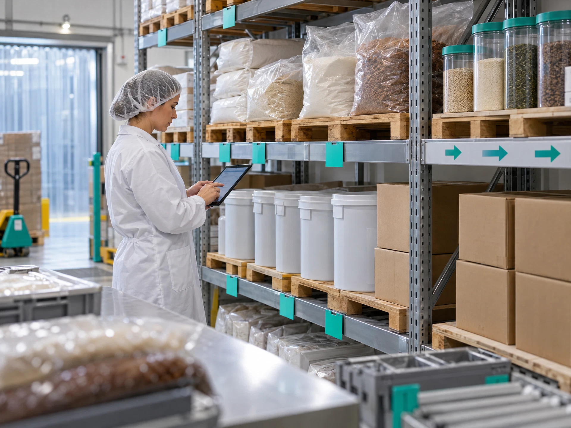 Organized packaging and ingredient batches on warehouse shelving as a fictional worker checks a tablet.