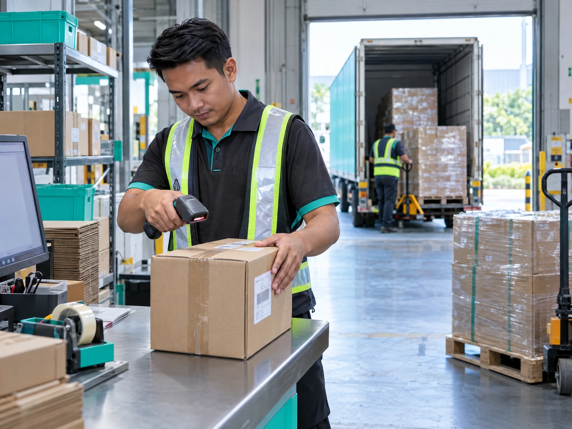 Fictional warehouse packer scanning a sealed generic carton at a tidy dispatch station.