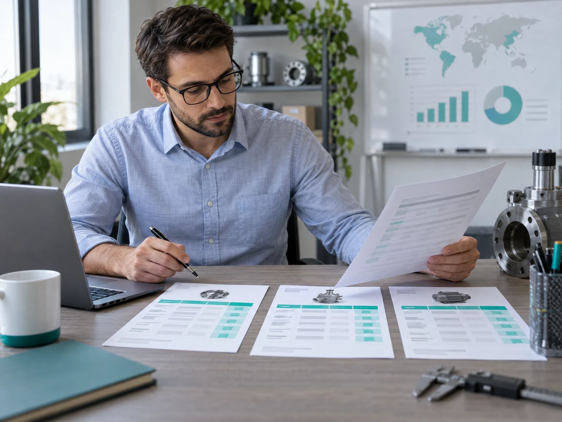 Fictional procurement professional comparing generic supplier quotation pages beside unbranded industrial components.