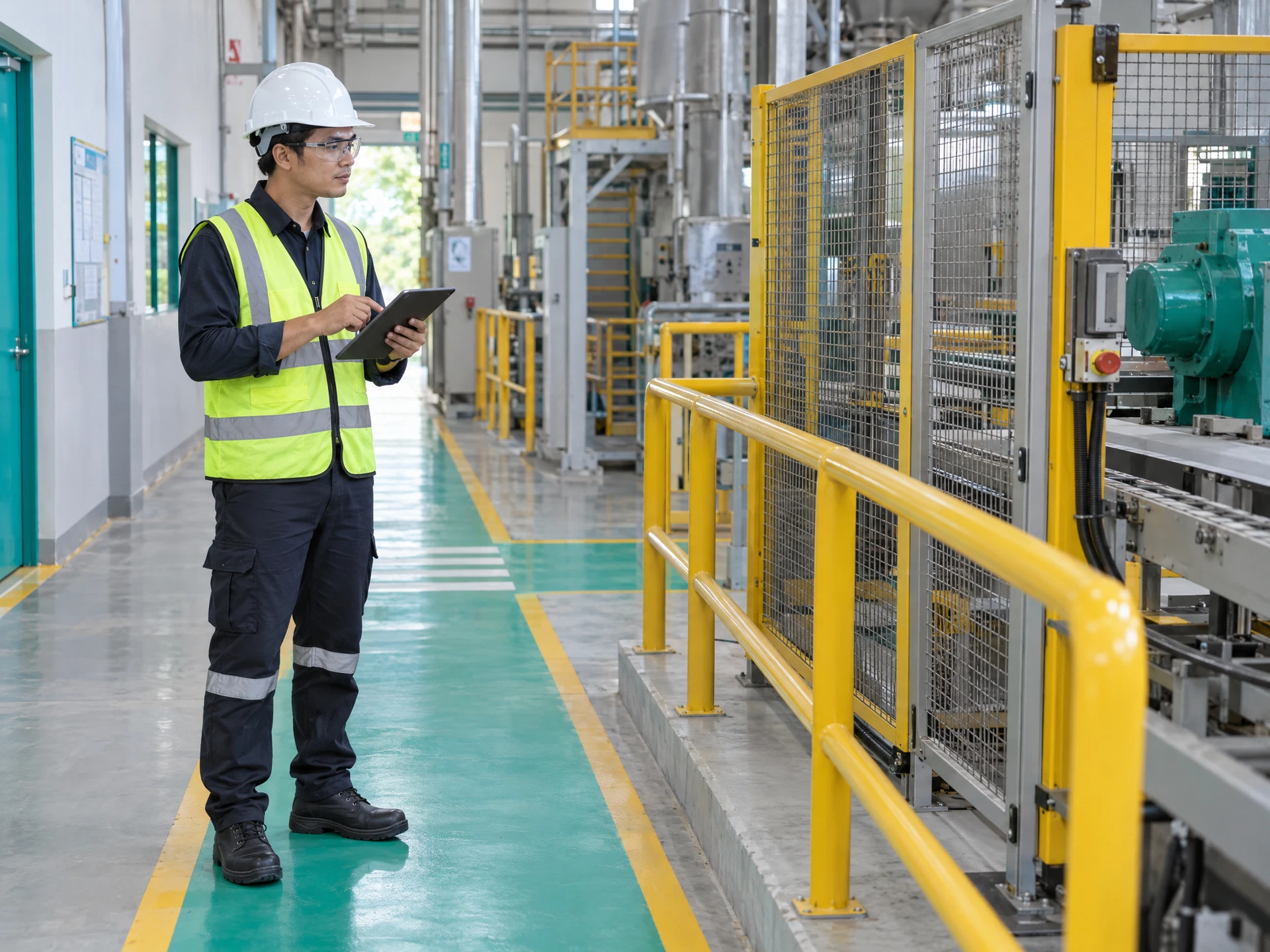 Fictional safety officer observing a guarded factory walkway and recording a maintenance concern on a tablet.