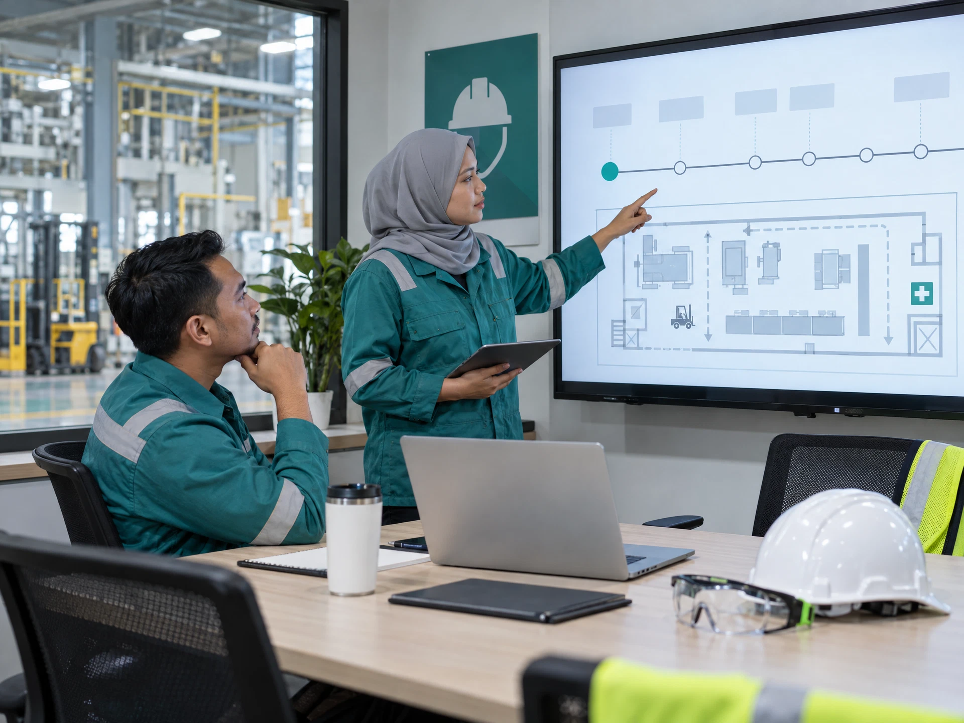 Fictional safety and operations professionals calmly reviewing an anonymized incident-investigation timeline.