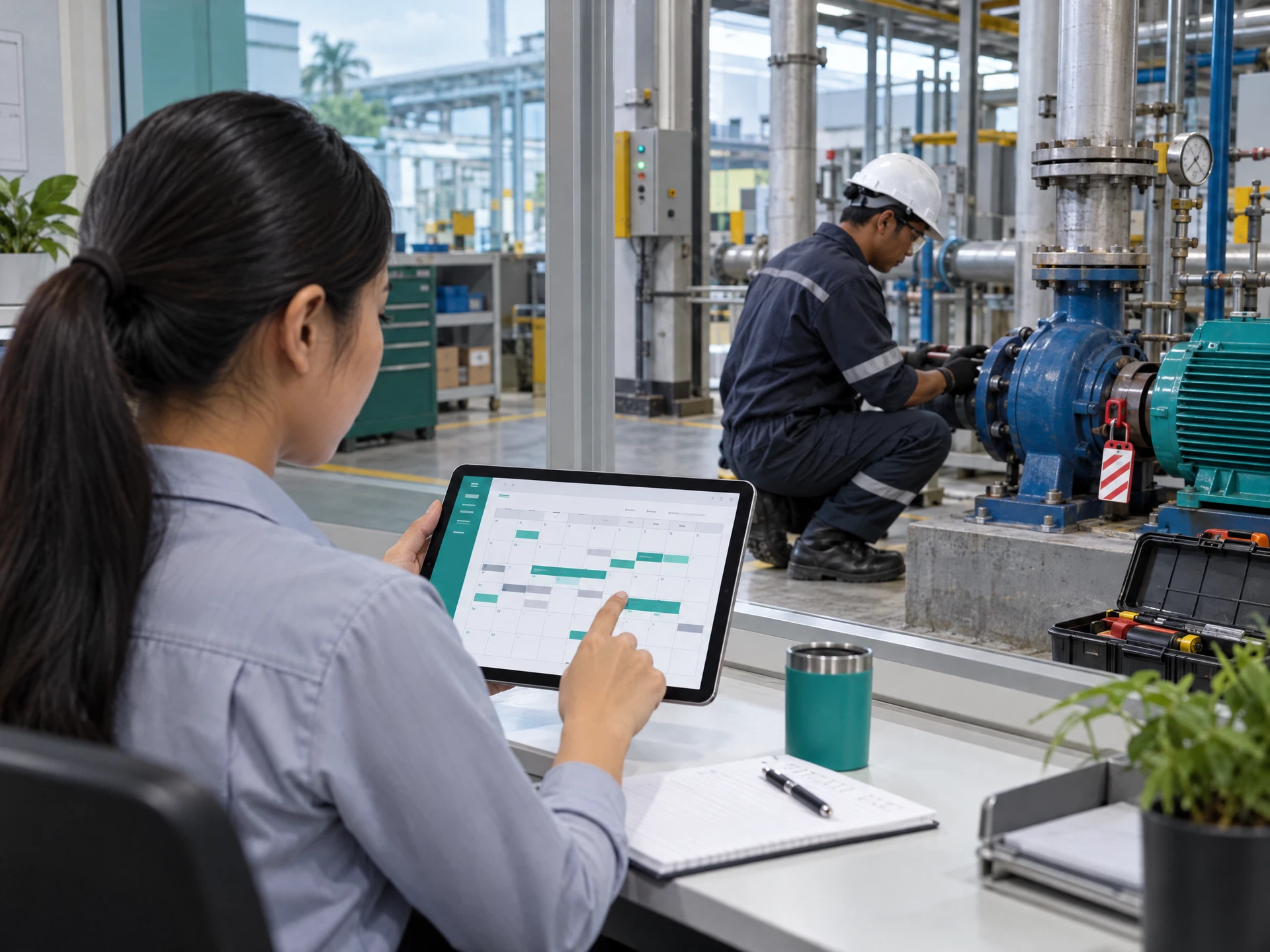 Fictional maintenance planner reviewing an abstract service calendar while a technician checks an isolated pump.