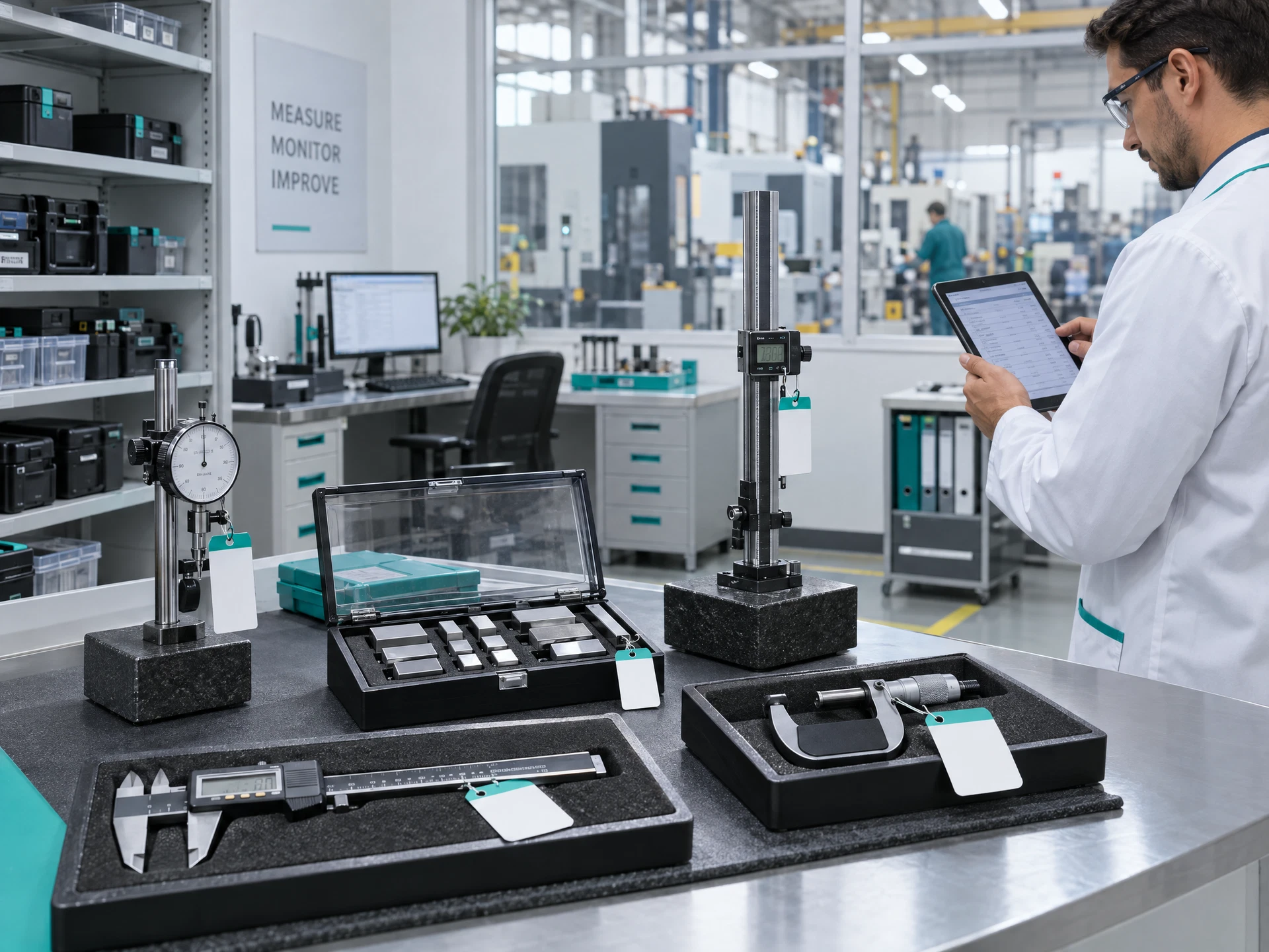 Measuring instruments and blank calibration tags beside a fictional technician's tablet in a clean industrial lab.