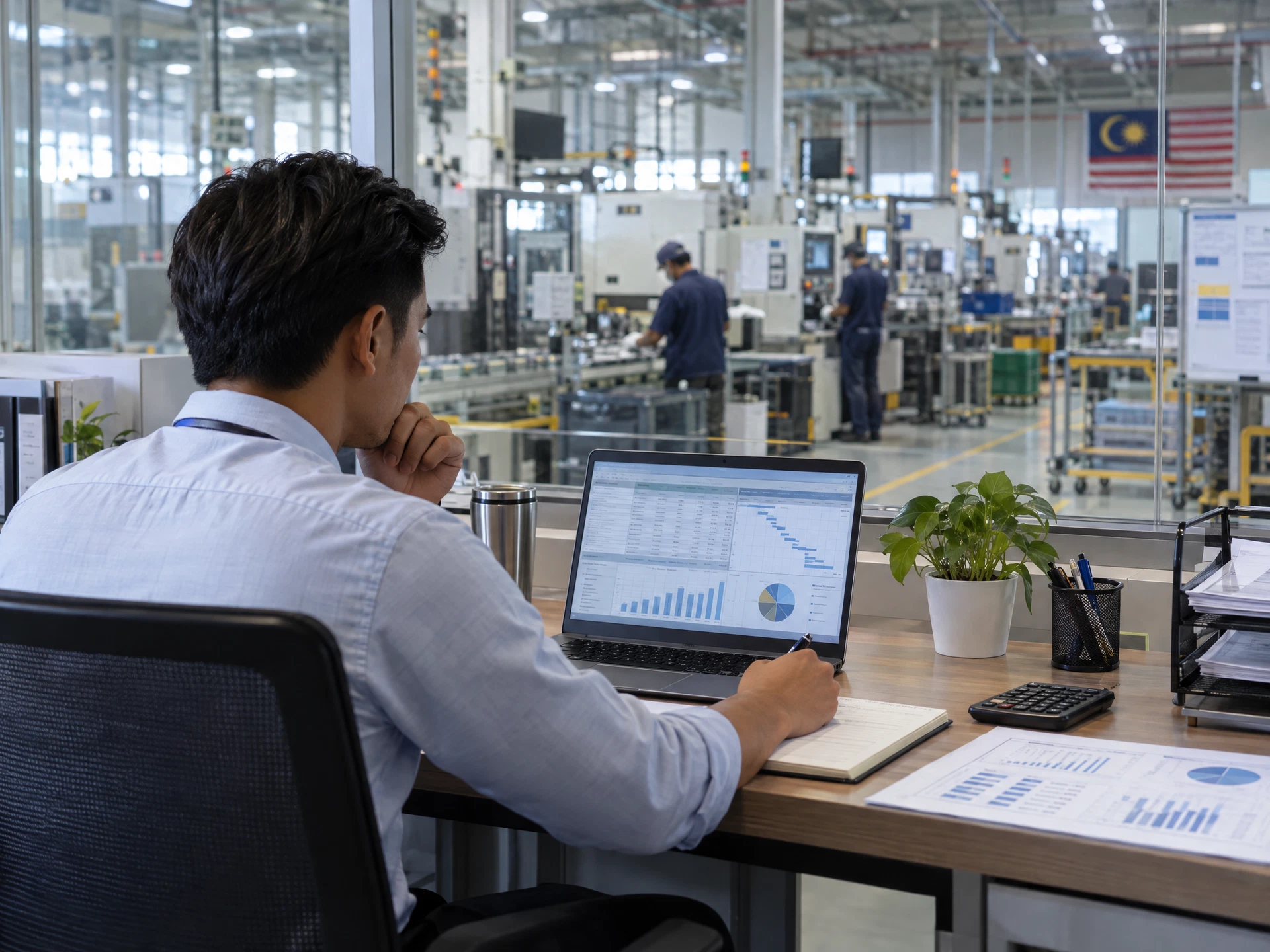 Generic production overview on a laptop at a manufacturing operations desk.