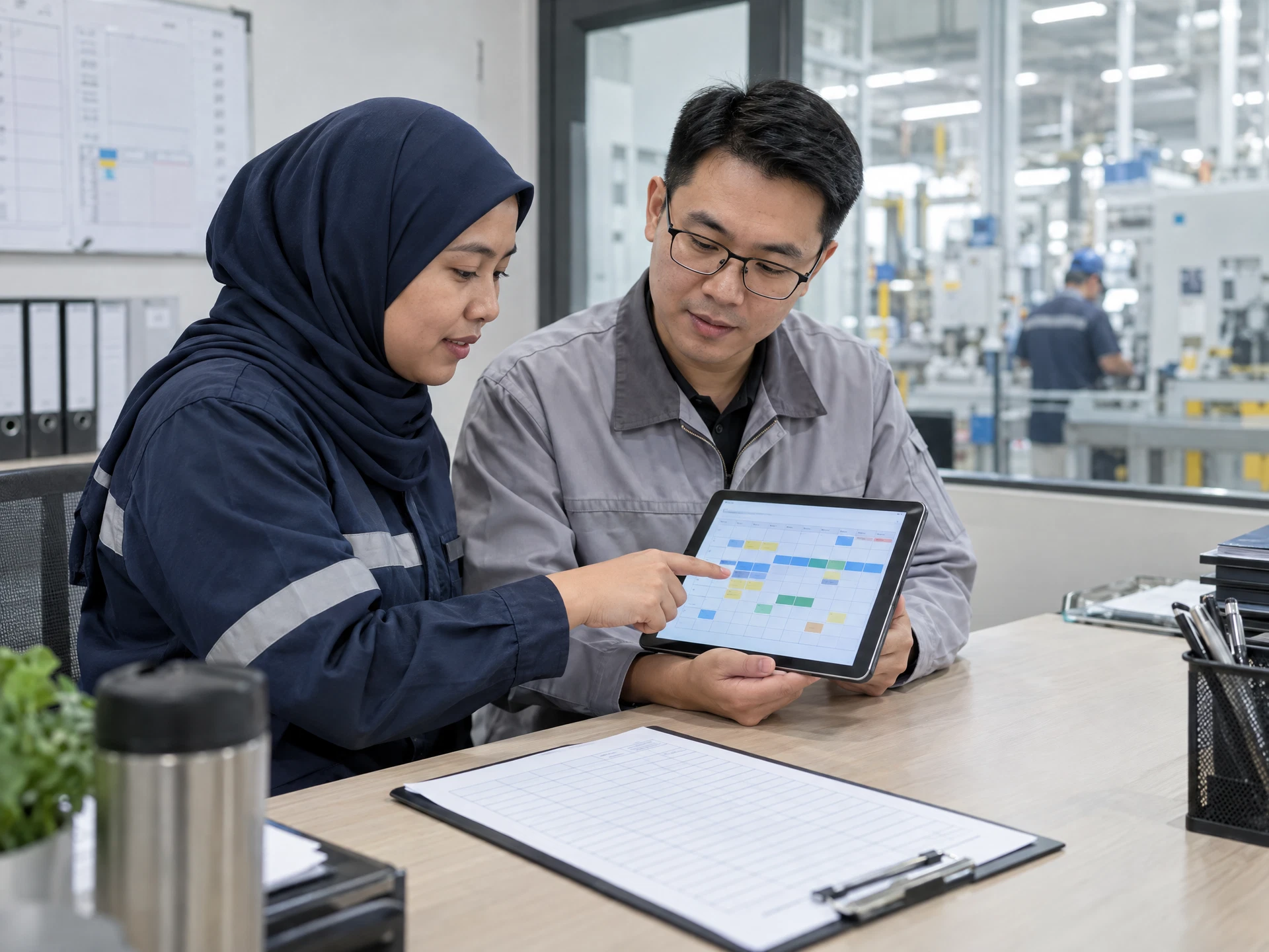 Two fictional Malaysian colleagues review a shift roster on a tablet.