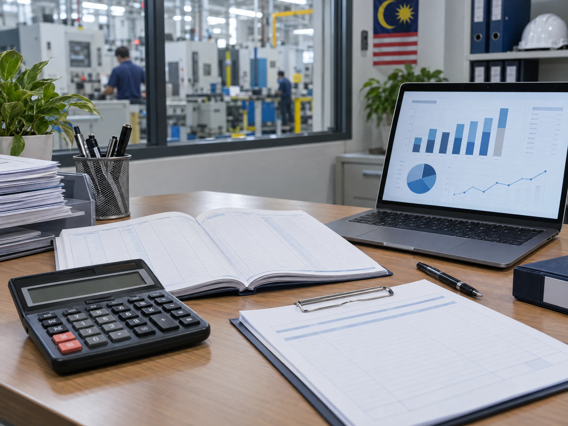 Calculator, ledger and generic expense chart in a factory office.