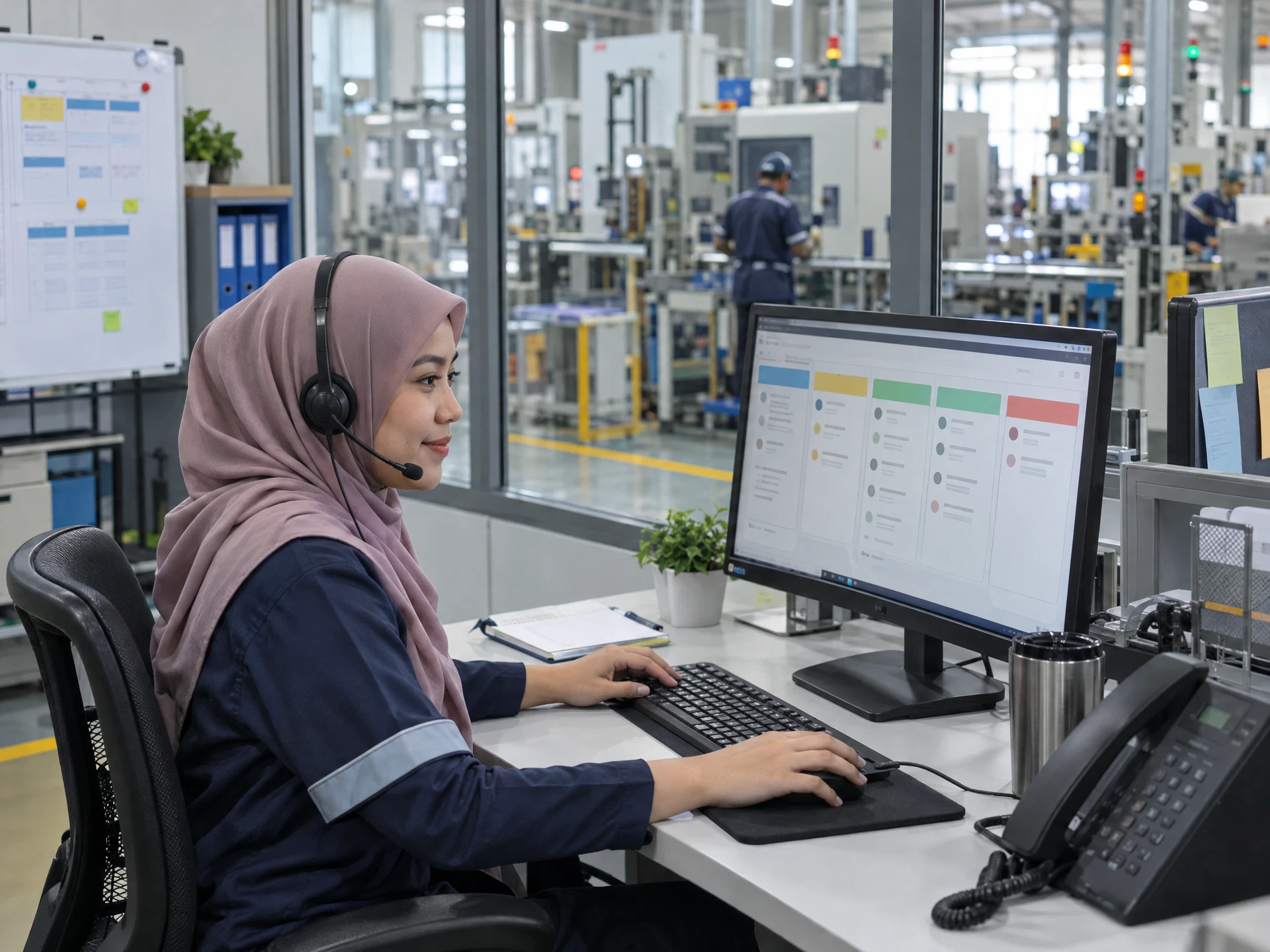 Support worker at a manufacturing service desk with a generic ticket screen.