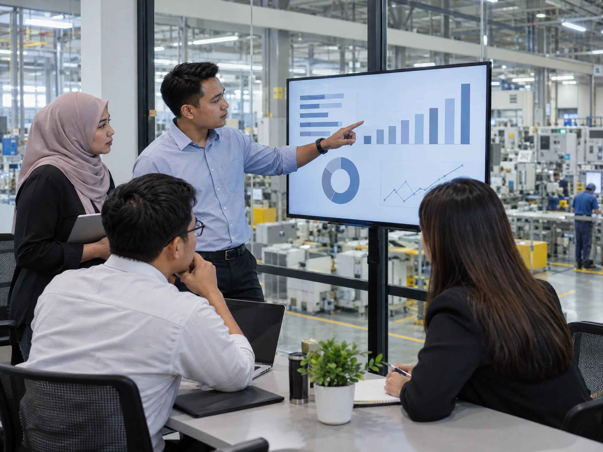 Factory team reviewing abstract charts on a business report screen.