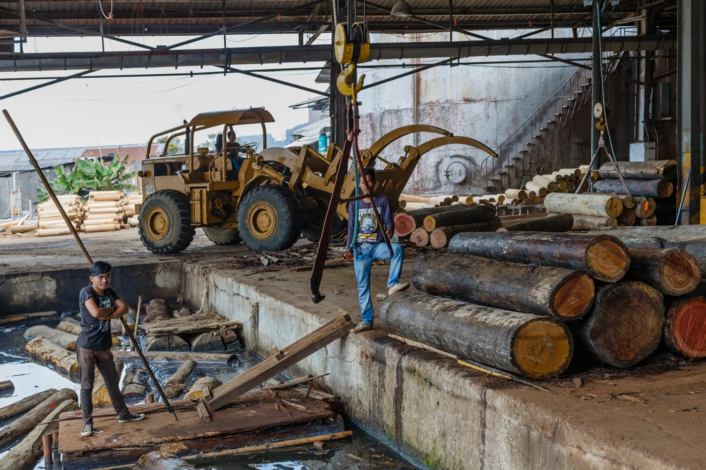 Workers at the timber pond feeding a plywood factory line in Sandakan, Sabah.